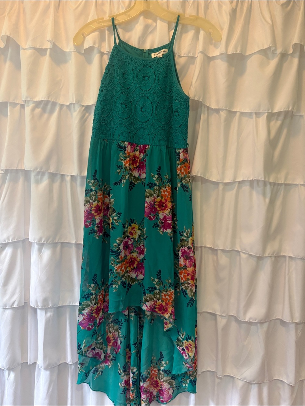 Emerald Sundae Teal Floral Lace Halter High-Low Dress